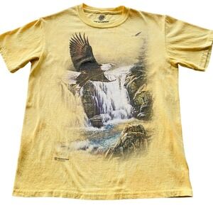 The Mountain Bald Eagle Waterfall Graphic T-Shirt Yellow Tie Dye Mens Small